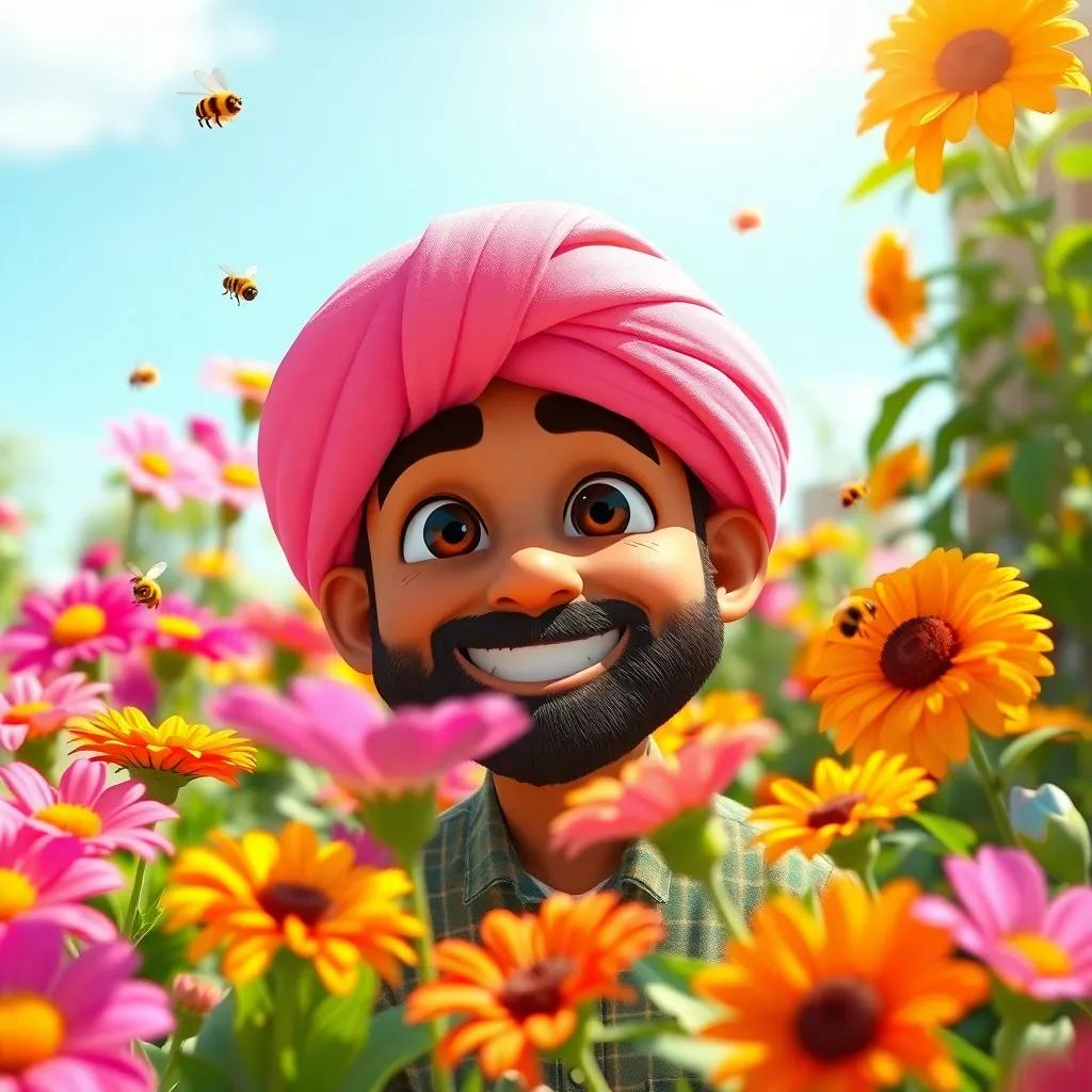 A close-up of Karim's garden with beautiful blooming flowers in vibrant colors, bees buzzing around, a proud Karim watching, joyful expression, bright sunlight, refreshing and lively