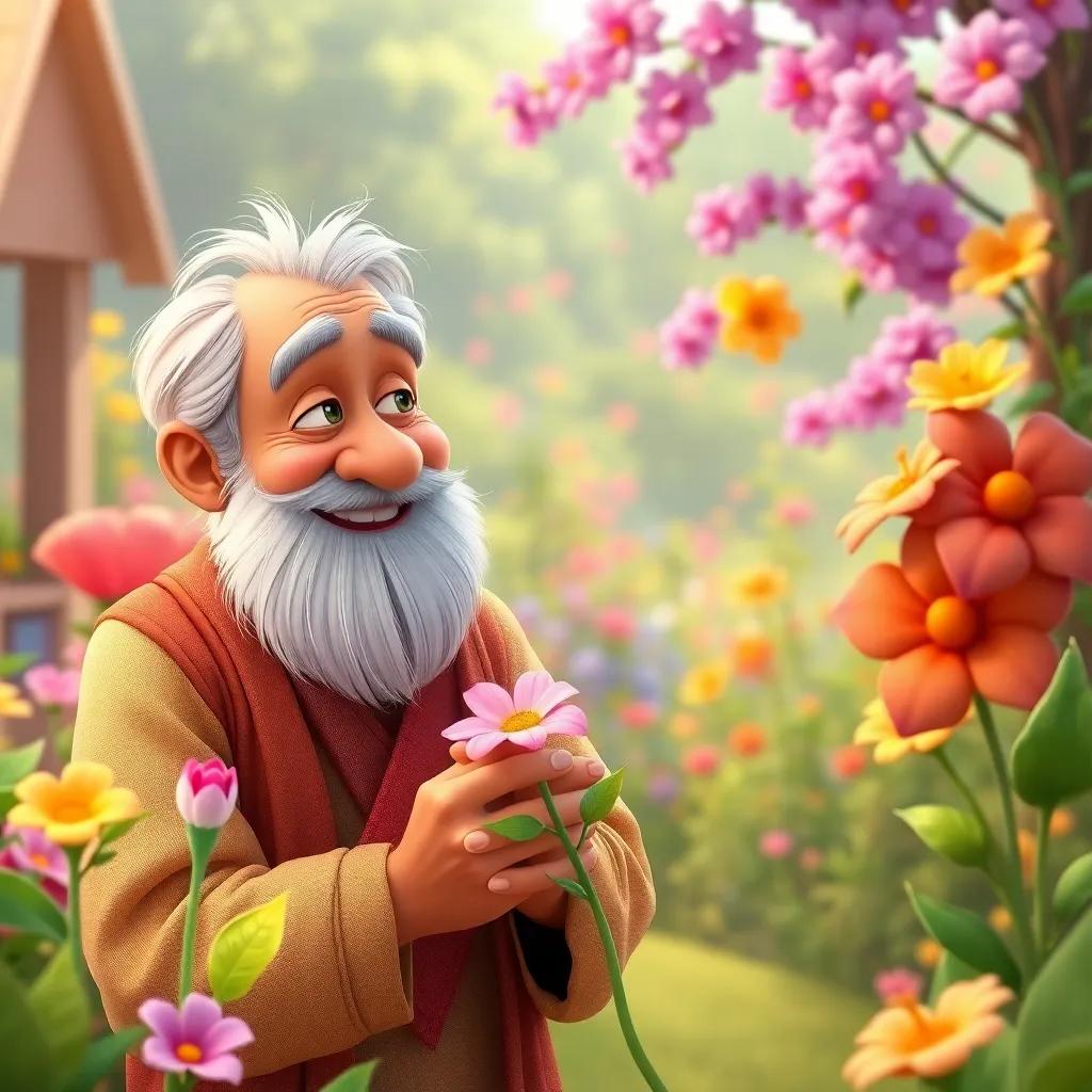 The old man smiling proudly at Karim, who is excitedly showing him the blooming flowers in his garden, the magical garden in the background, heartwarming scene, colorful and bright