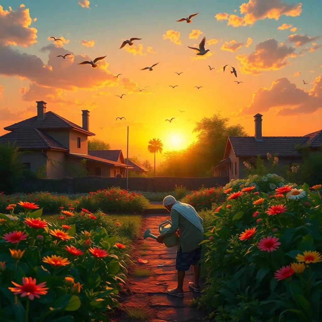 A beautiful sunset in the village, with Karim happily watering his flourishing garden, birds flying in the sky, reflective and peaceful mood, enchanting colors