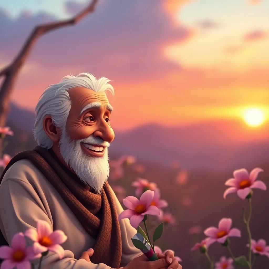 The old man giving Karim a wise smile, with flowers around them, a sense of achievement and success in the air, glowing sunset, magical feel, soft light
