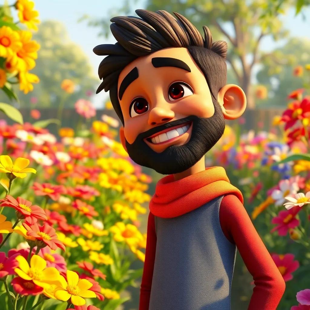 Karim smiling as he remembers the lessons learned, standing proudly in his garden full of flowers, vibrant and lively colors surrounding him, heartwarming and fulfilling atmosphere