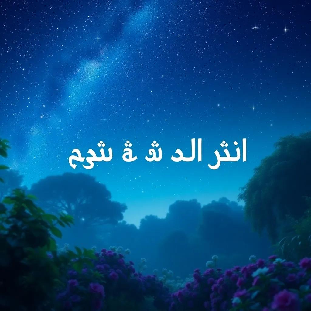 A wise quote written in the sky: 'الصبر والعناية يجلبان النجاح' with stars twinkling, enchanting background of the garden at night, magical feel, dreamy visuals