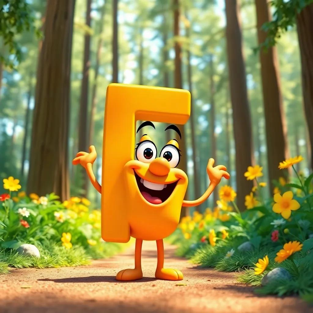 A colorful and vibrant letter F character, smiling and looking excited, standing in a forest with tall trees and bright flowers, cartoon style, cheerful atmosphere, sunny lighting, bright colors, engaging perspective, high quality