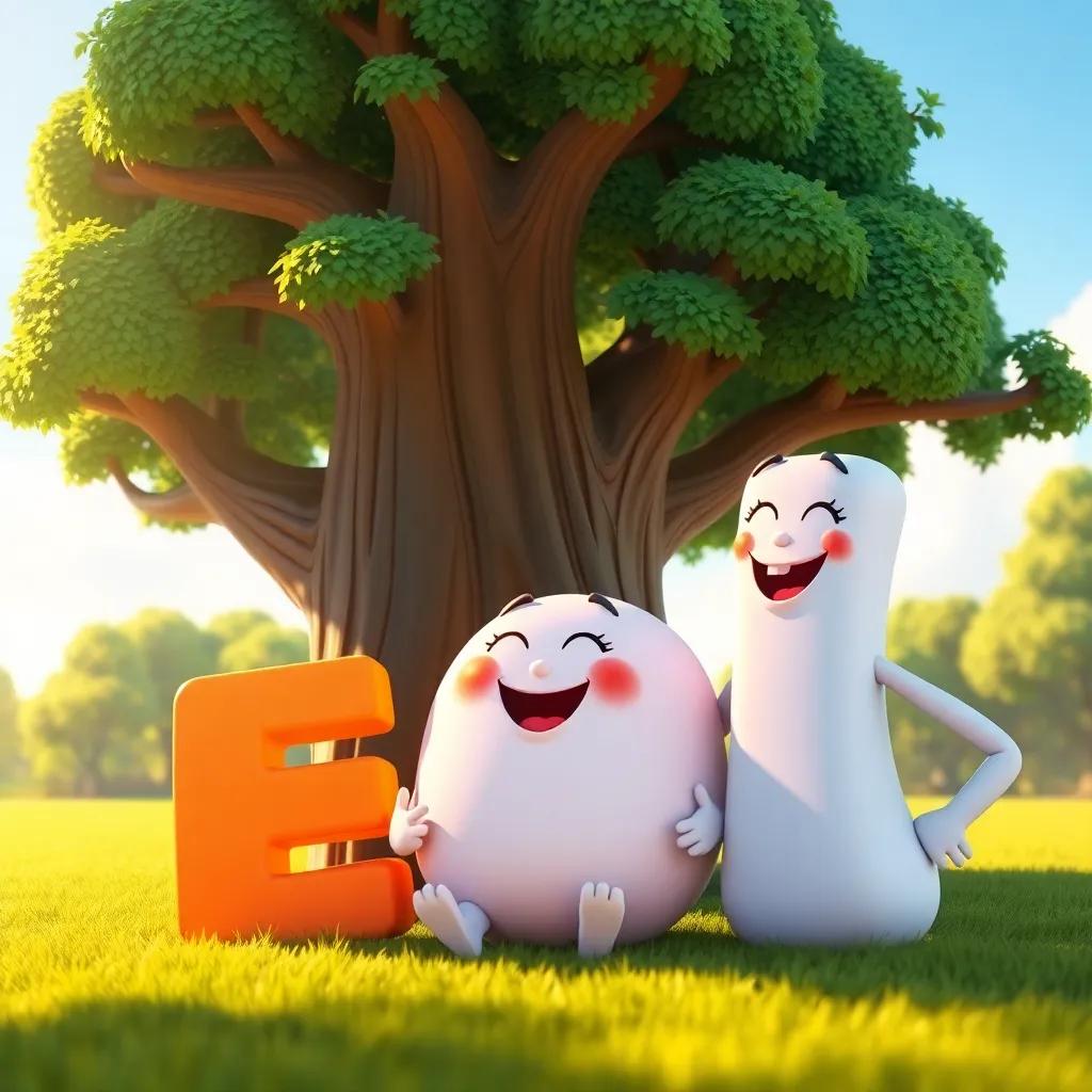 Three animated characters: letter F, letter B with a round body, and letter T with a tall body, sitting under a large tree with a green canopy, laughing and chatting, cartoon style, playful and inviting, warm sunlight, vivid colors, fun perspective, high quality