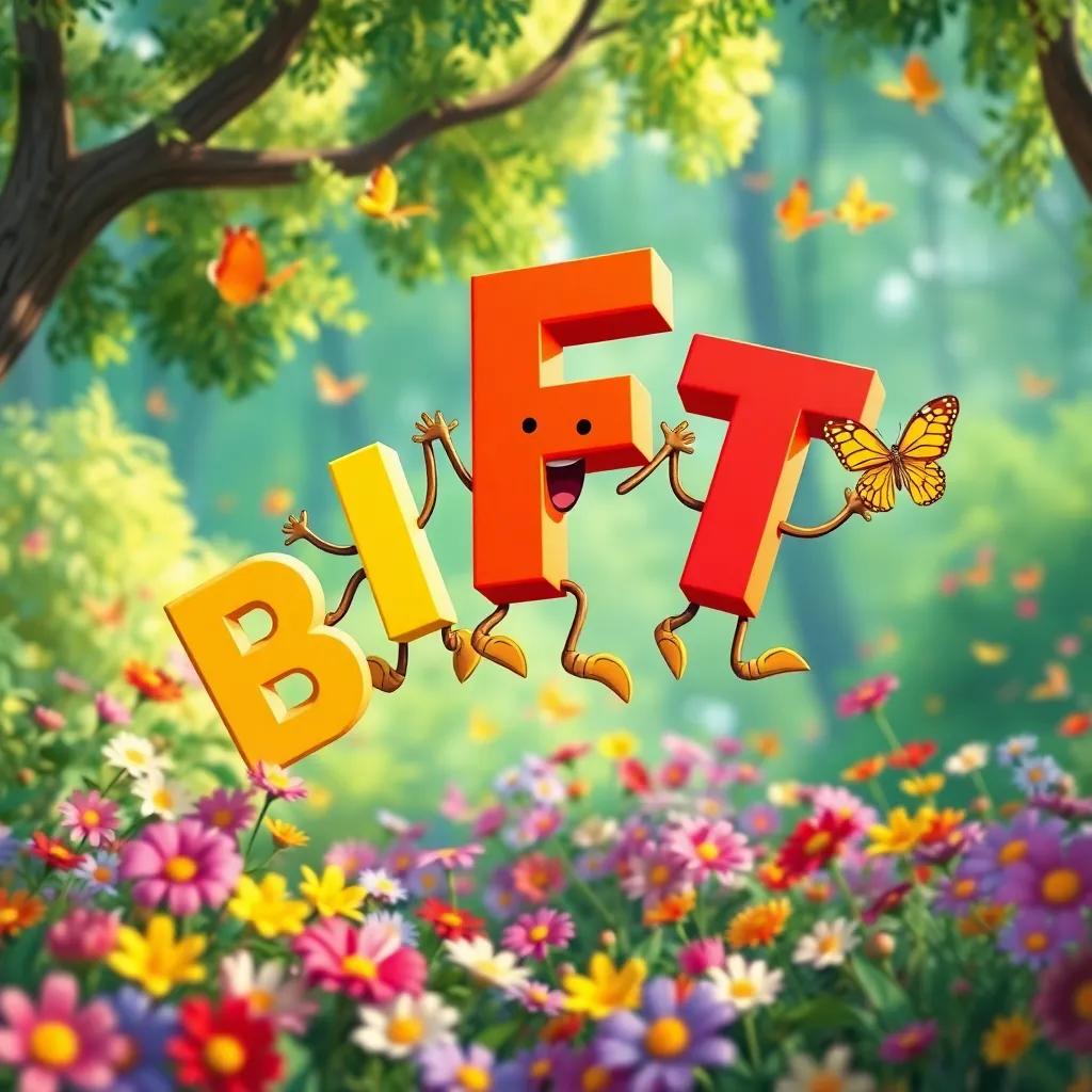 Letter F joyfully jumping into the air with friends B and T, in a green forest full of colorful flowers and butterflies, cartoon style, bright and cheerful, warm lighting, colorful view, engaging perspective, high quality