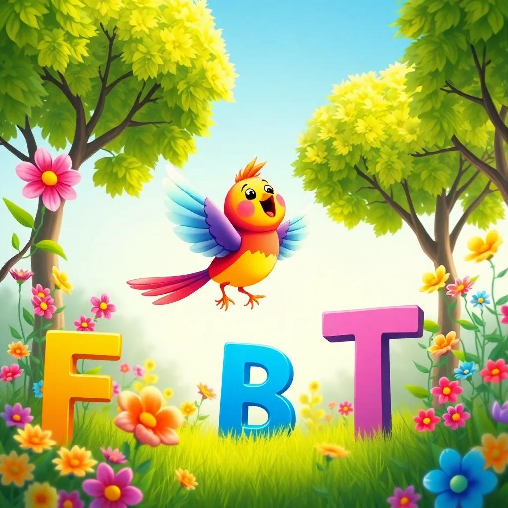 An enchanted colorful bird singing joyfully, flying between bright green trees and colorful flowers, with an amazed letter F, B, and T watching, cartoon style, whimsical and magical, vibrant colors, joyful moment, high quality