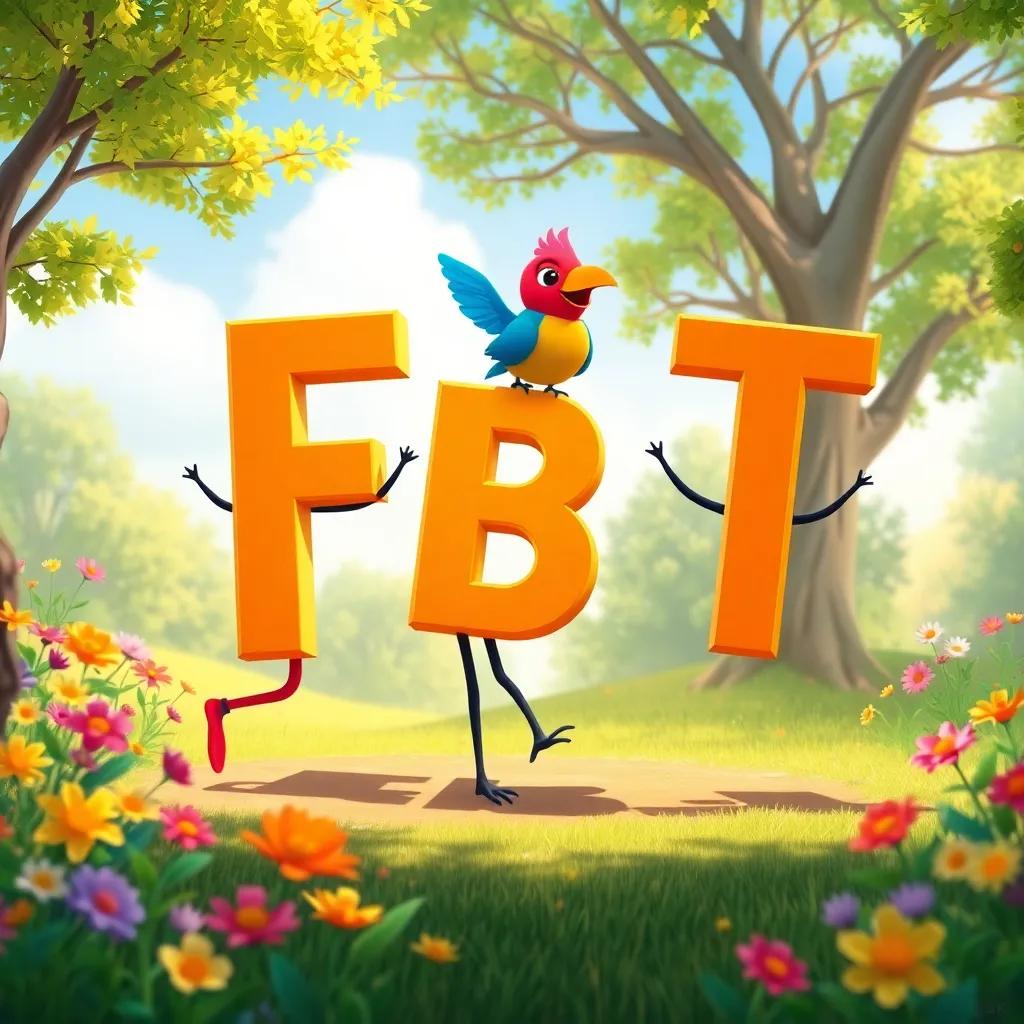 Letter F, B, and T dancing together in a sunny clearing while the colorful bird sings, surrounded by vivid flowers and trees, cartoon style, festive atmosphere, cheerful light, rich colors, dynamic composition, high quality