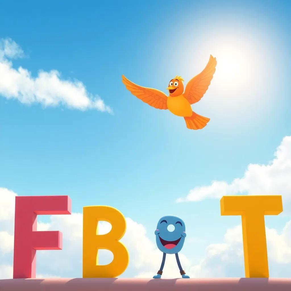 A beautiful sunny sky with the colorful bird flying away, waving goodbye to letter F, B, and T who are looking up with smiles, cartoon style, warm and uplifting, bright colors, hopeful perspective, high quality