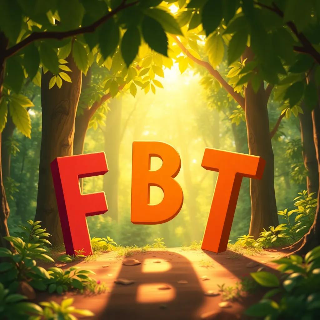 Letter F, B, and T happily chatting with each other in the forest, filled with sun rays shining through the leaves, cartoon style, cozy atmosphere, golden sunlight, warm colors, friendly vibe, high quality