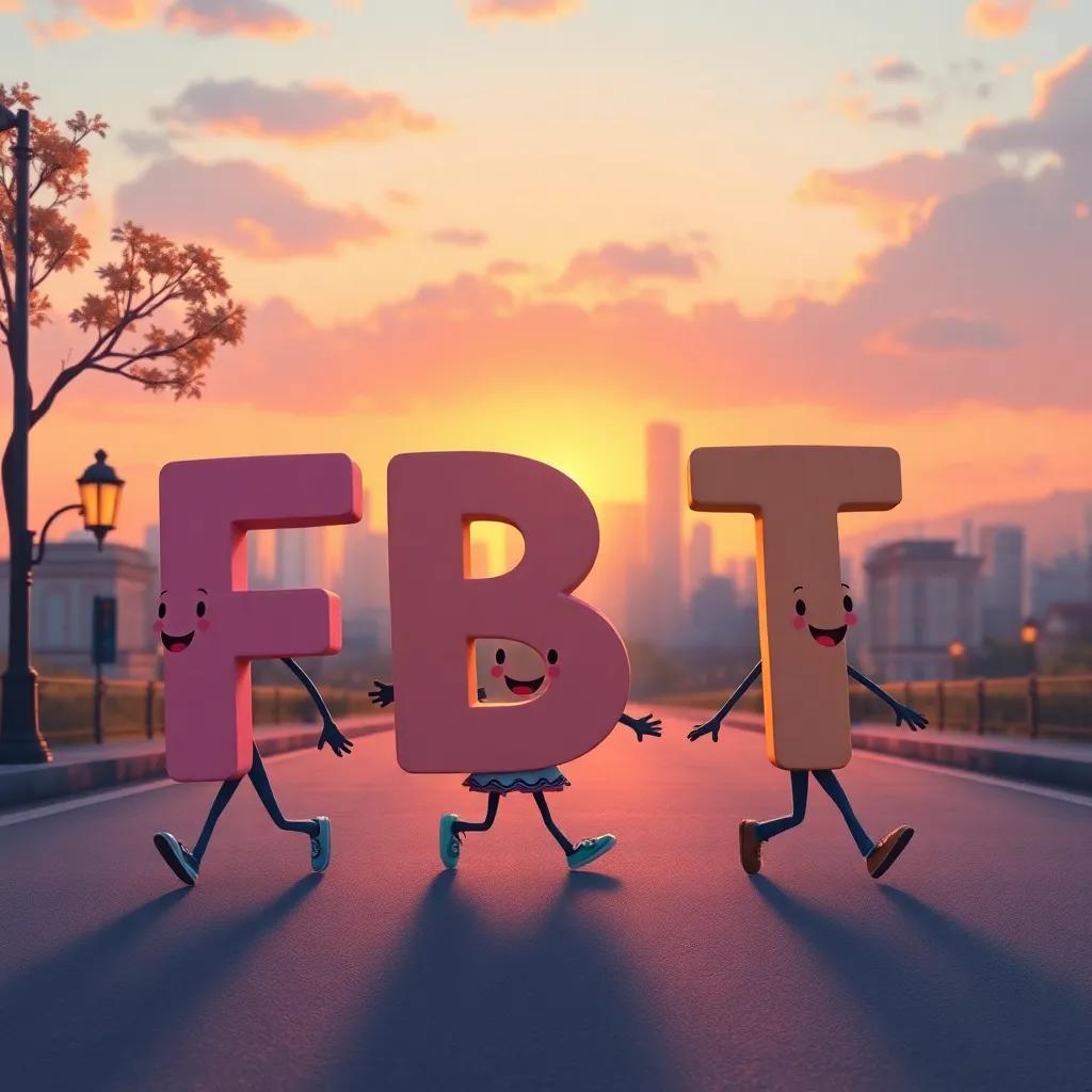 A heartwarming scene of letter F, B, and T walking back to the city with happy faces, sunsets in the background, cartoon style, beautiful and serene atmosphere, soft colors, warm sunset light, nostalgic feeling, high quality