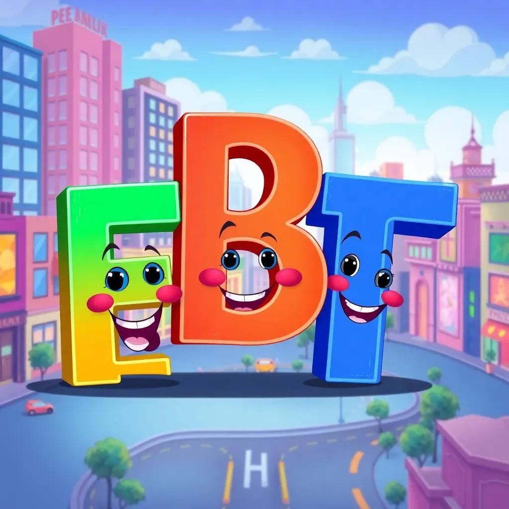 A vibrant city scene with letters F, B, and T together, with happy expressions and memories of the day, colorful cityscape, cartoon style, cheerful and lively, bright colors, engaging perspective, high quality
