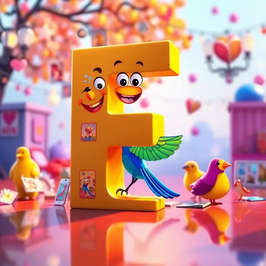 Letter F smiling brightly, surrounded by memories of the day, including the colorful bird and their dance, cartoon style, reflective and joyful vibe, vivid colors, bright background, imaginative perspective, high quality