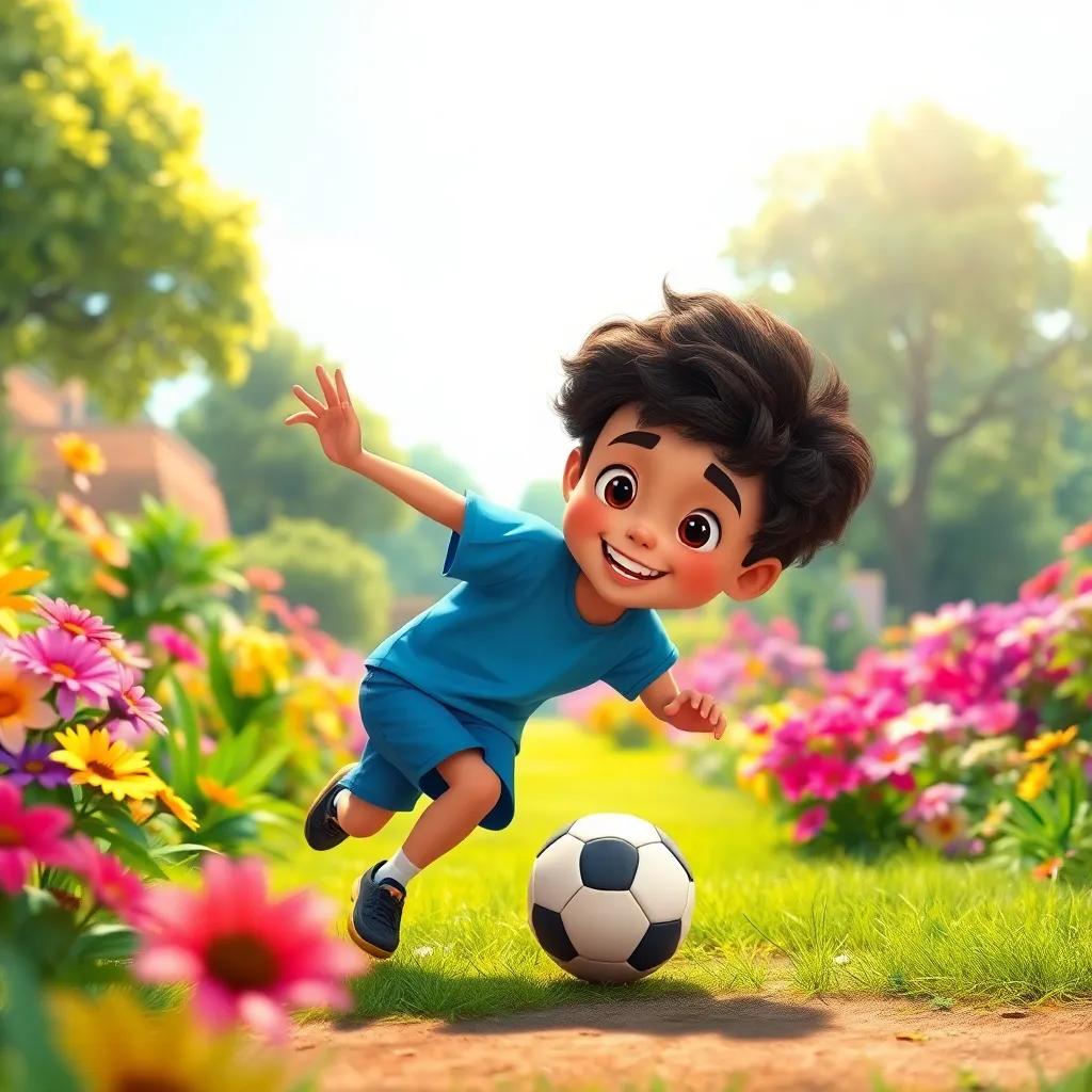 A boy named Yasin, with curly hair, wearing a blue t-shirt and shorts, playing football in a colorful garden with lush flowers and trees, bright sunlight, digital art, cheerful, vibrant colors, fun atmosphere, high quality