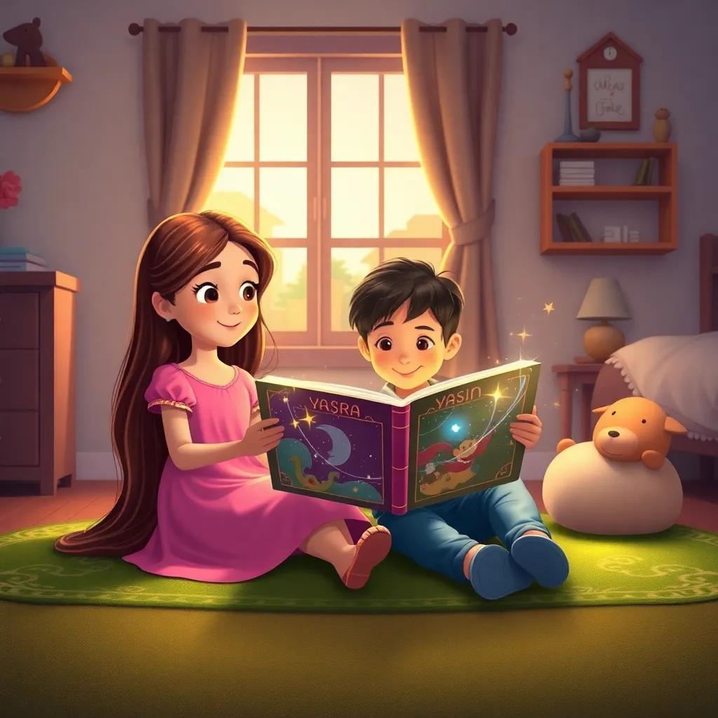 A girl named Yasra, with long hair, wearing a pink dress, sitting on a green carpet reading a magical storybook with her younger brother Yasin, warm evening light coming from the window, cozy room, illustration, child-friendly, inviting atmosphere, high quality
