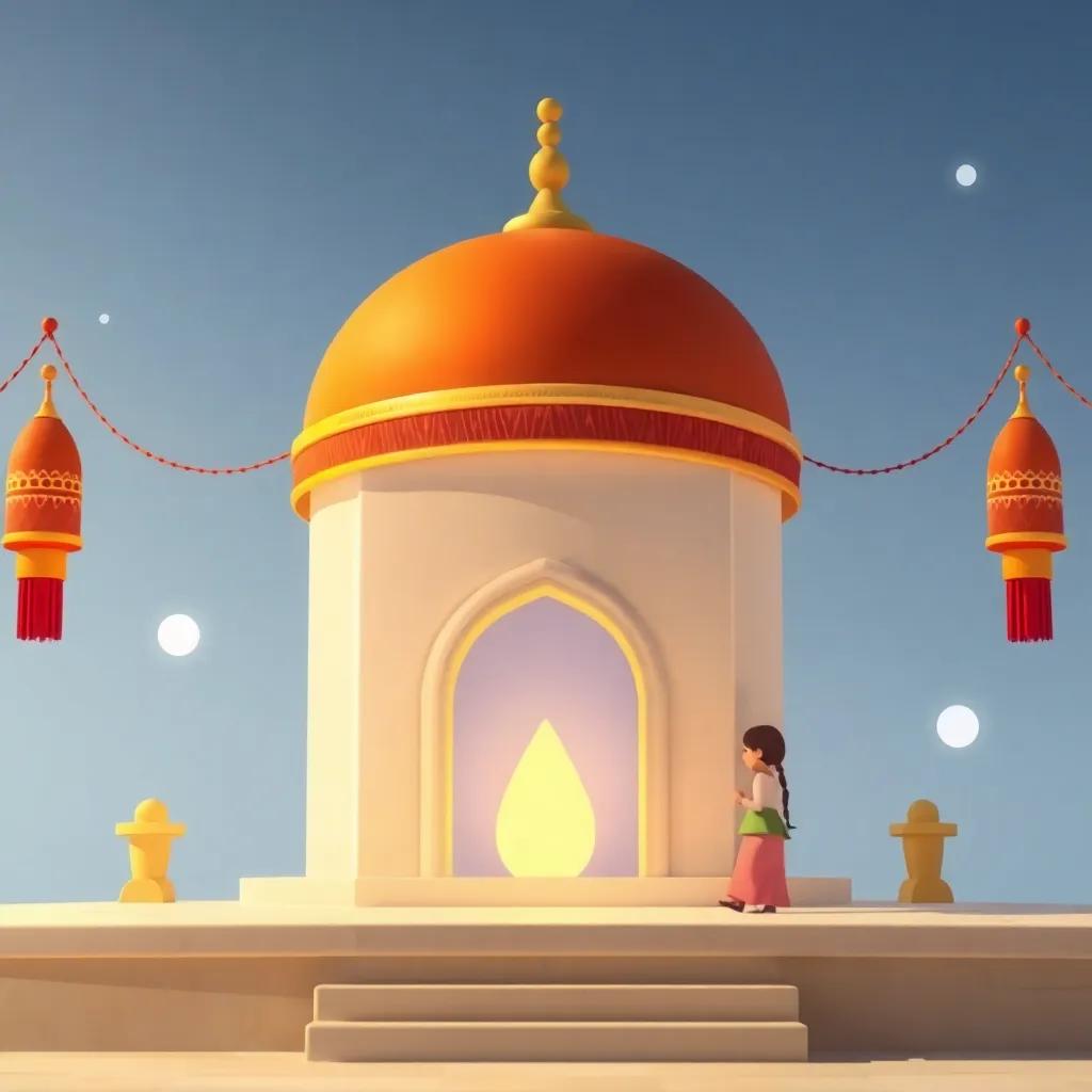 عودة لُجين إلى قريتها مع الوحش في قلبها، جميع الأطفال في القرية يتطلعون إليهم بابتسامة كبيرة، جو فرح واحتفال، ألوان زاهية، فن رقمي فولاذي.
