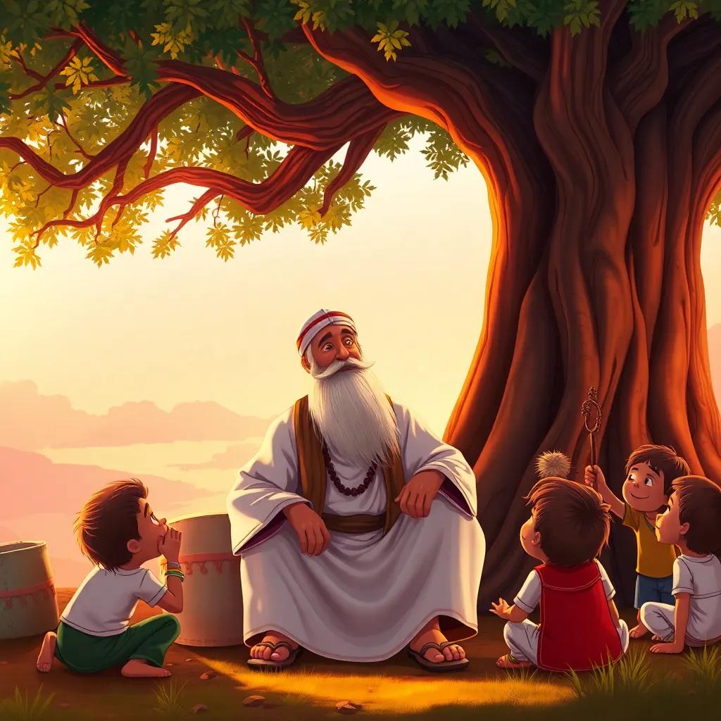A wise old Arab man, Sheikh Omar, with a long beard and wearing a white thobe, sitting under an ancient tree surrounded by curious children, warm sunset lighting, vibrant colors, storytelling atmosphere, digital painting