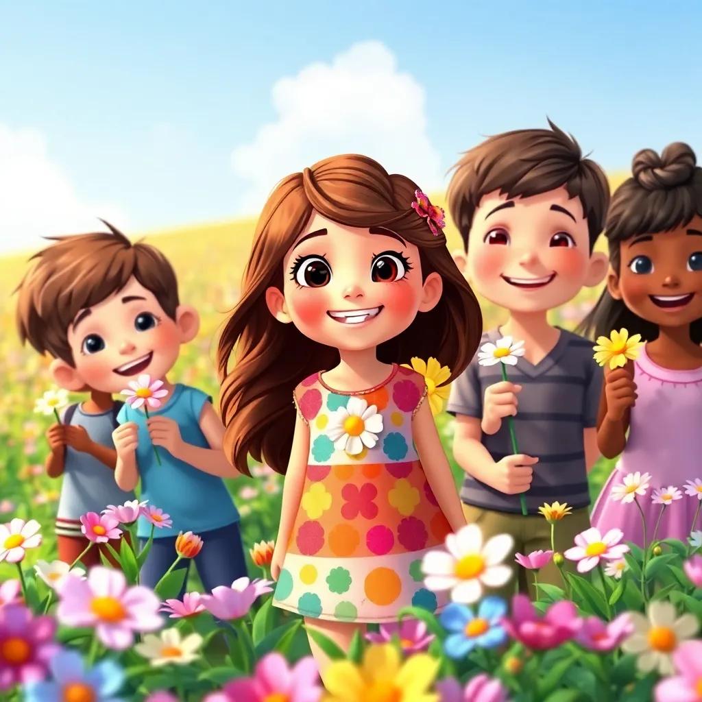 A joyful group of children, including a girl named Layla with brown hair wearing a colorful dress, together in a field of flowers, each holding a flower symbolizing hope, bright and cheerful colors, adventure-themed, child-friendly