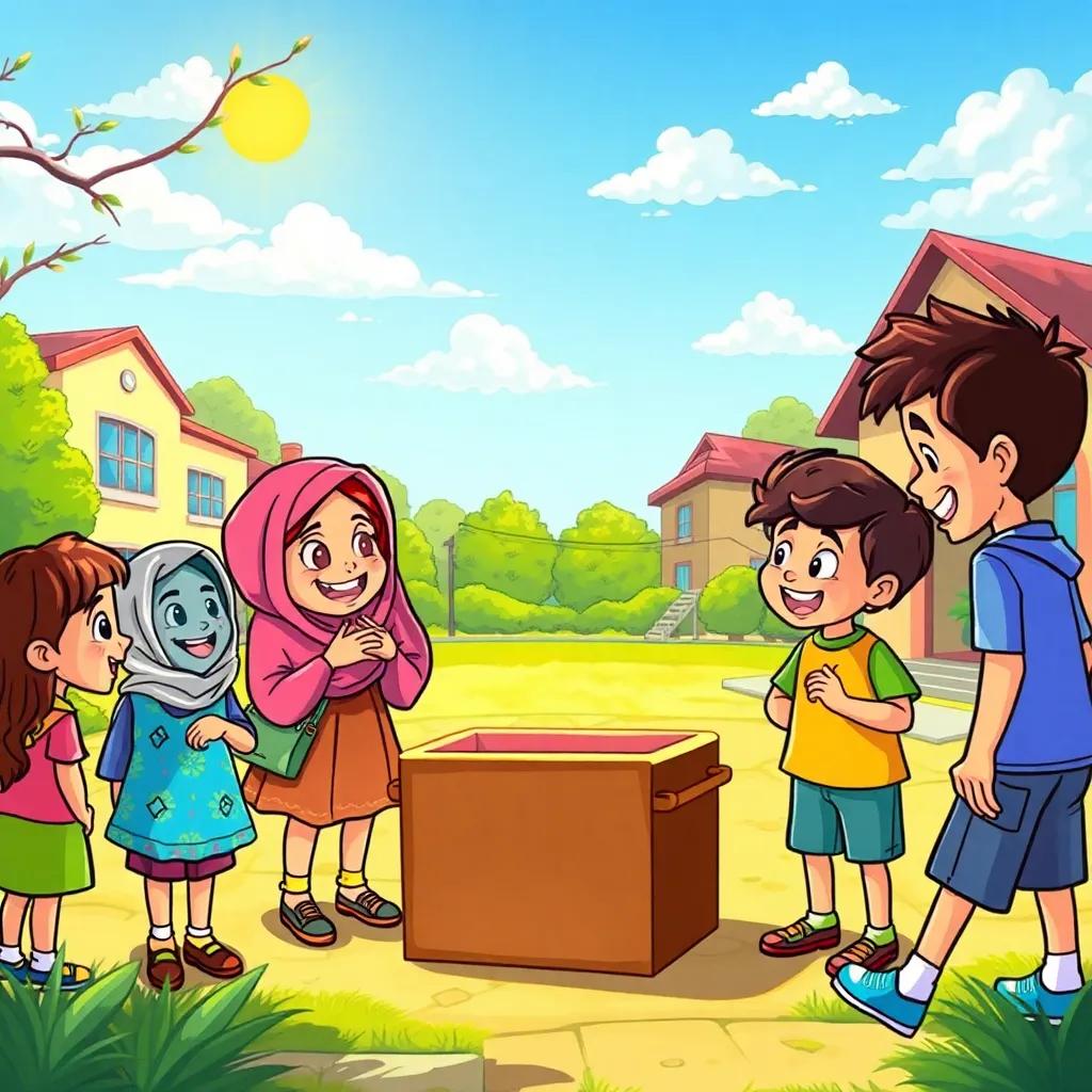 A happy group of children, including Layla, Maya, and Yusuf, gathered in a sunny schoolyard excitedly discussing a mystery box, colorful environment, cartoon style, cheerful, vibrant colors, dynamic scene, high quality