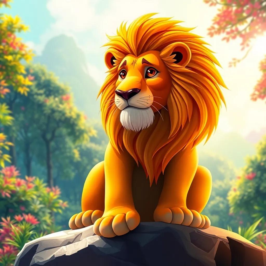 A majestic lion, with a golden mane, sitting on a rock in a bright, colorful forest, symbolizing strength, vibrant colors, sunny day, detailed, high quality