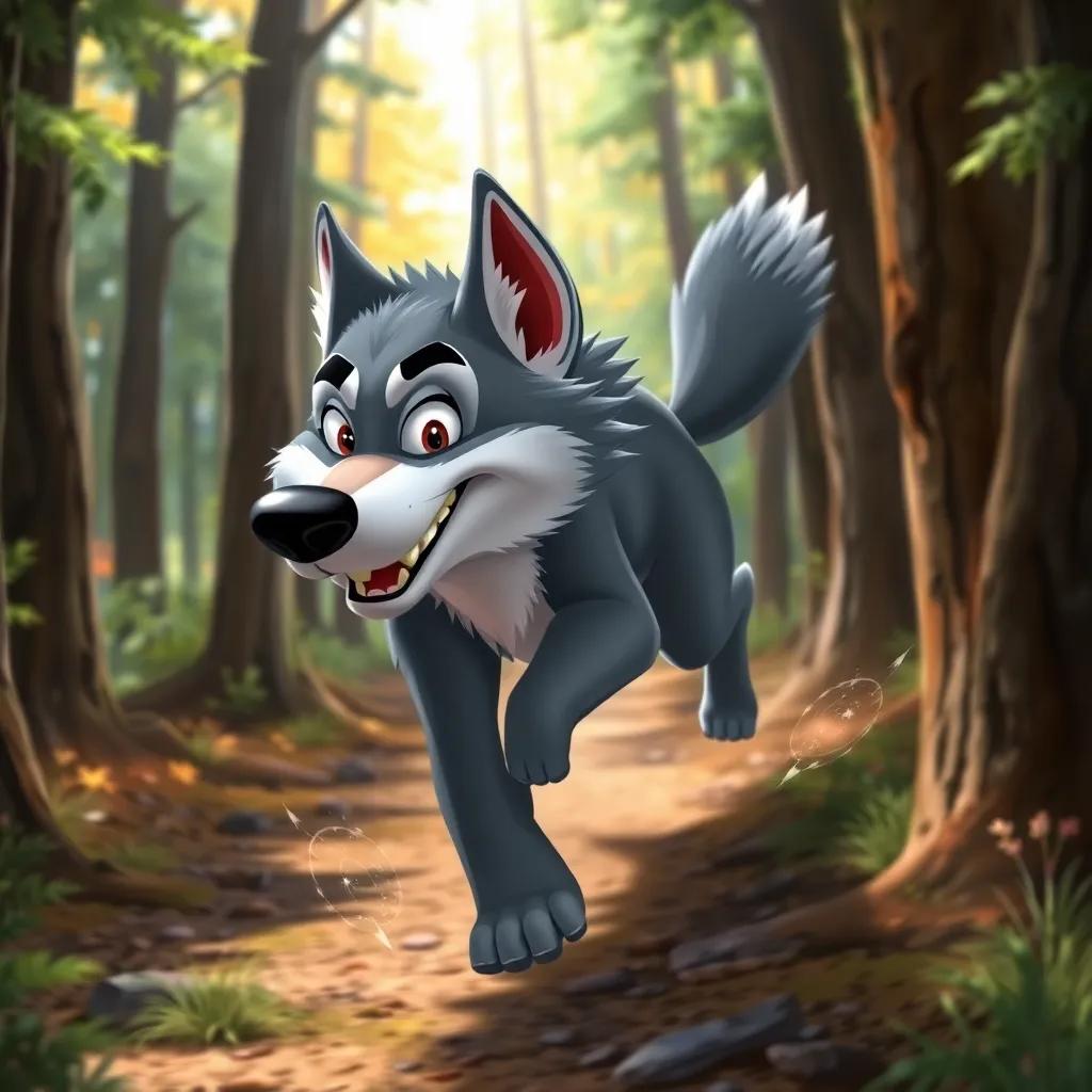 A sneaky wolf, with gray fur, running through the trees with a mischievous grin, looking back, lively forest background, dynamic movement, bright colors, detailed, high quality
