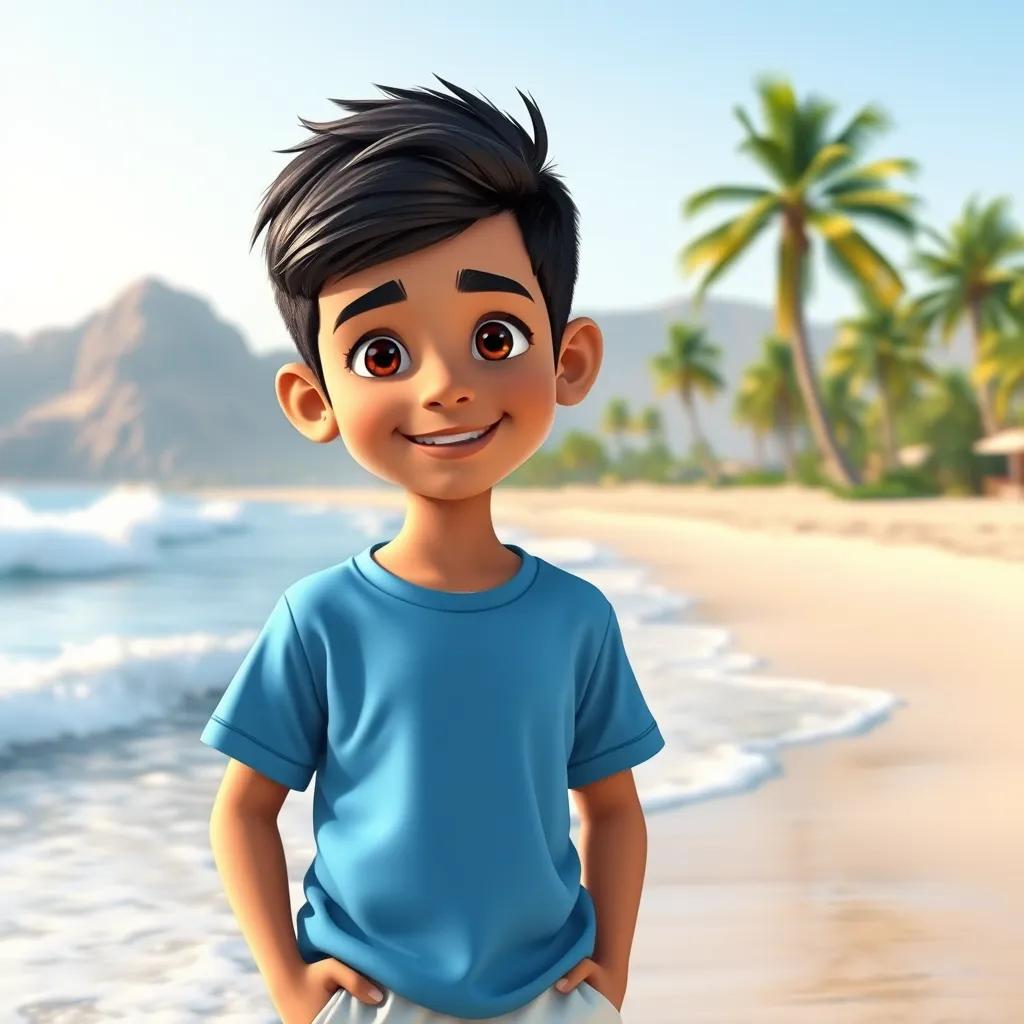 A young Arab boy, سعيد, with short black hair, wearing a blue t-shirt and white shorts, standing on a beautiful beach in Oman, with waves crashing and palm trees in the background, digital art, vibrant colors, cheerful atmosphere, high quality