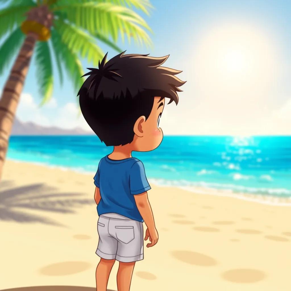 A young Arab boy, سعيد, with short black hair, wearing a blue t-shirt and white shorts, looking out towards the turquoise sea from a sandy beach, the sun shining brightly, illustration, warm tones, inviting scenery, child-friendly