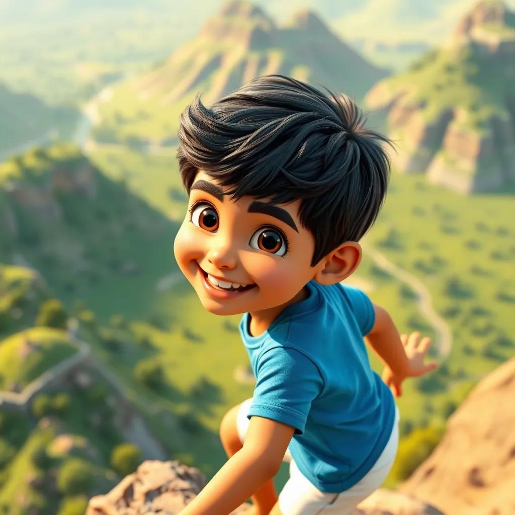 A young Arab boy, سعيد, with short black hair, wearing a blue t-shirt and white shorts, climbing a green mountain in Oman, surrounded by stunning landscape and trees, joyful expression, vivid colors, outdoor adventure, high quality