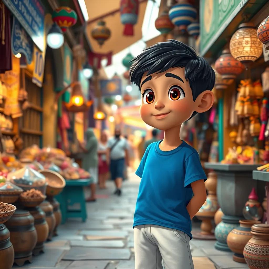 A young Arab boy, سعيد, with short black hair, wearing a blue t-shirt and white shorts, exploring colorful traditional markets, looking at handmade crafts and chatting with local artisans, digital art, lively atmosphere, rich colors, heartwarming