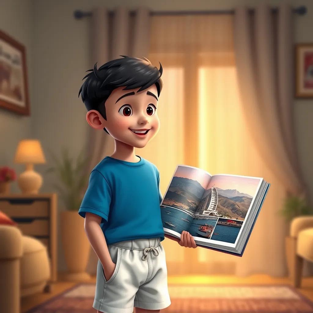 A young Arab boy, سعيد, with short black hair, wearing a blue t-shirt and white shorts, standing at home with a photo album of Oman, smiling as he remembers his adventures, warm lighting, cozy scene, nostalgic atmosphere, high quality
