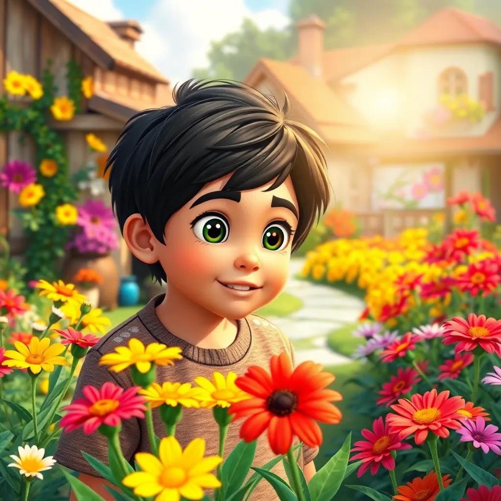 A curious boy named Sami, with black hair and bright eyes, exploring a beautiful village garden filled with colorful flowers, digital art, cheerful and vibrant colors, warm sunlight, high quality