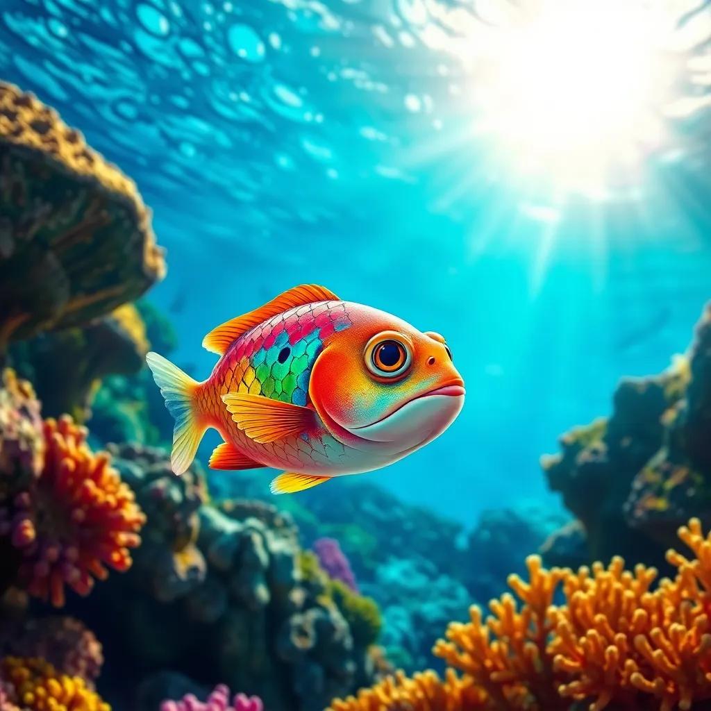 A small fish with colorful scales, looking worried in a beautiful underwater scene with coral reefs, bright sunlight filtering through the water, digital art, cheerful, vibrant colors, heartwarming atmosphere, high quality