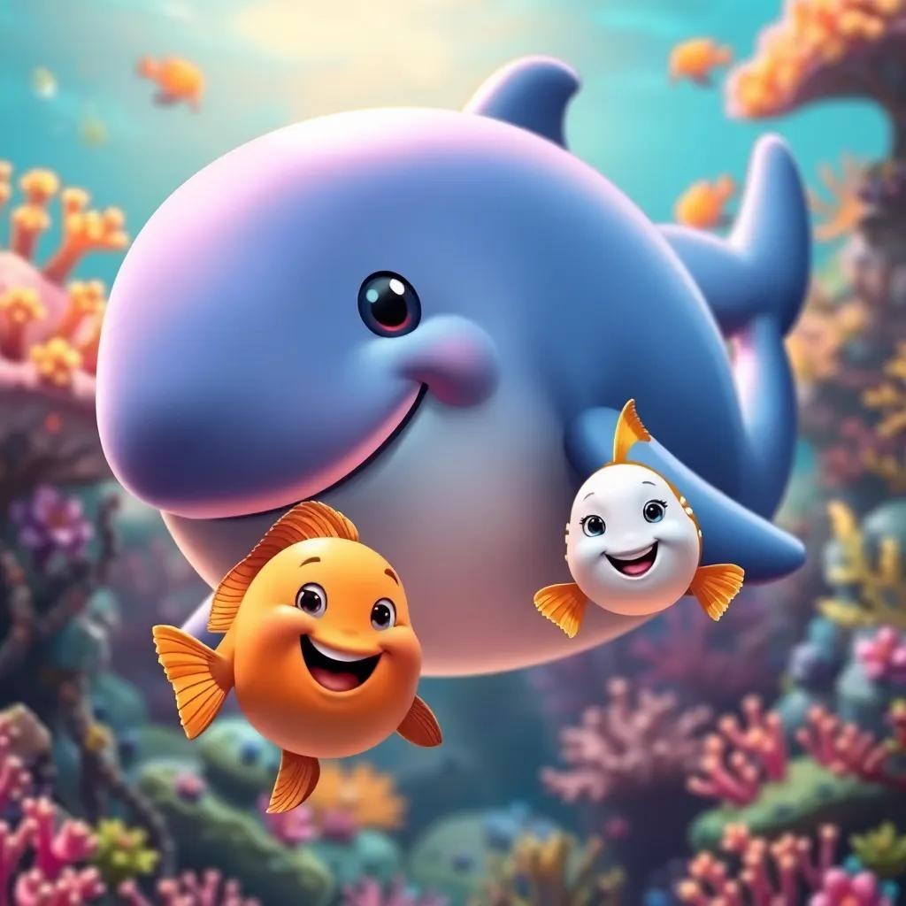 A wise whale with a friendly smile, swimming alongside a happy small fish, surrounded by colorful coral reefs and other sea creatures, joyful underwater scene, bright and colorful, child-friendly, lively atmosphere, high quality