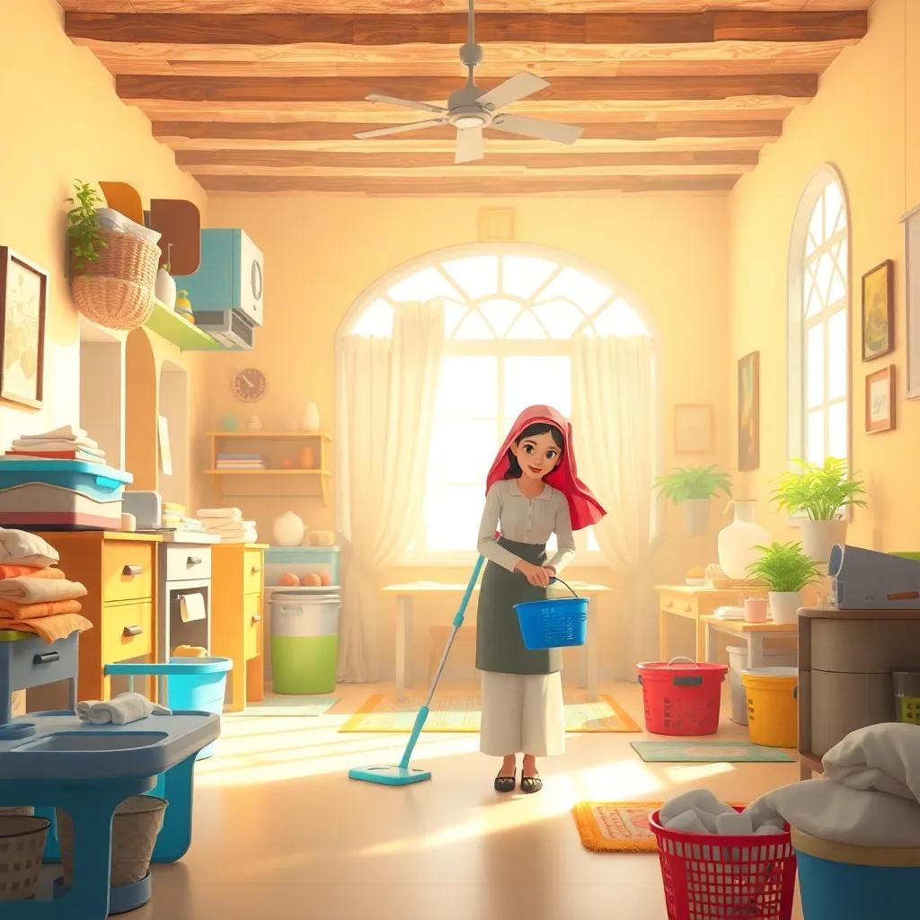 A busy house interior with a young Arab woman, Leila, wearing a traditional uniform, cleaning and organizing a large room, bright light, cheerful colors, warm atmosphere, realistic, engaging scene