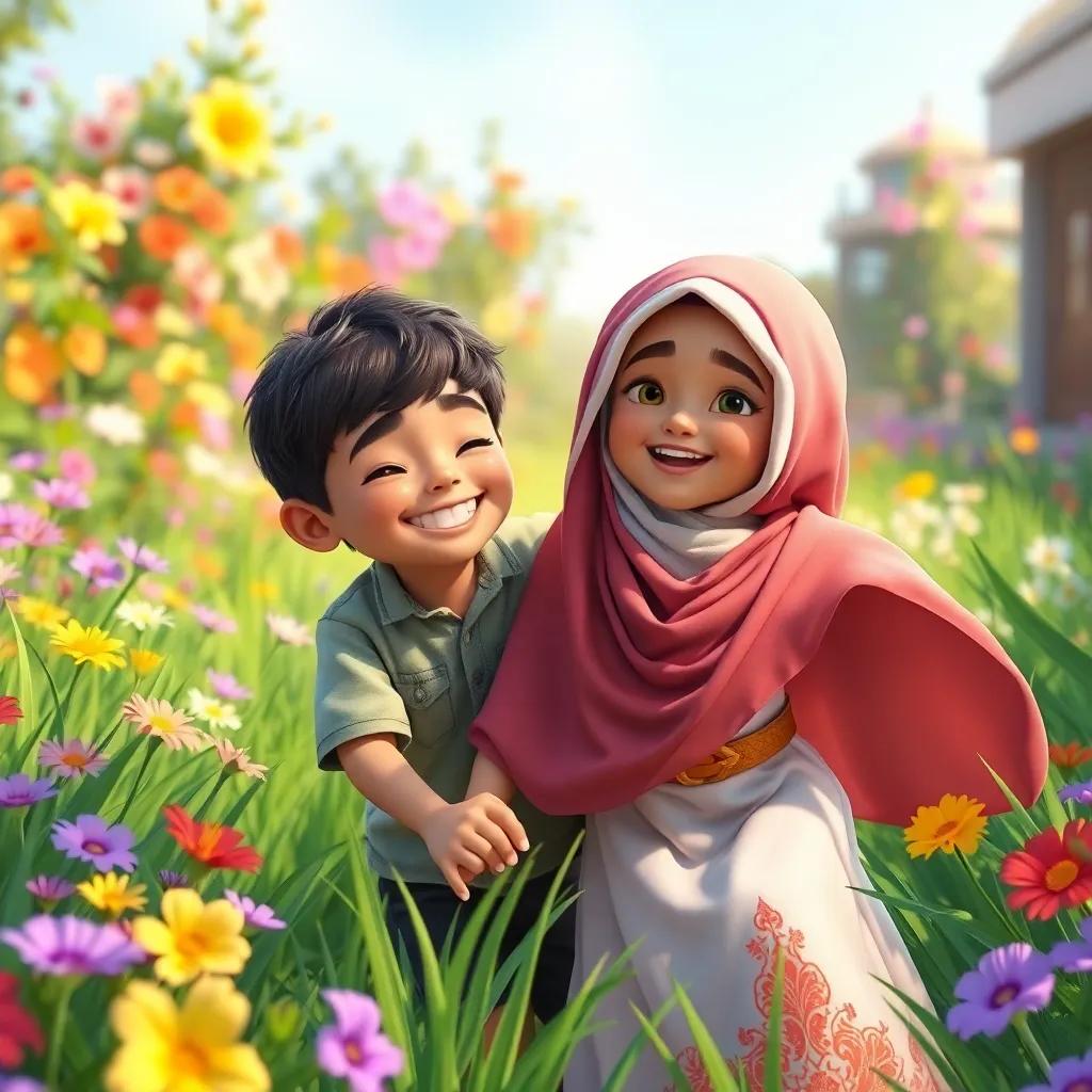 A boy smiling and playing with Leila, the Arab girl in a traditional uniform, in a vibrant garden filled with flowers and green grass, joyful moments, colorful, dynamic, uplifting