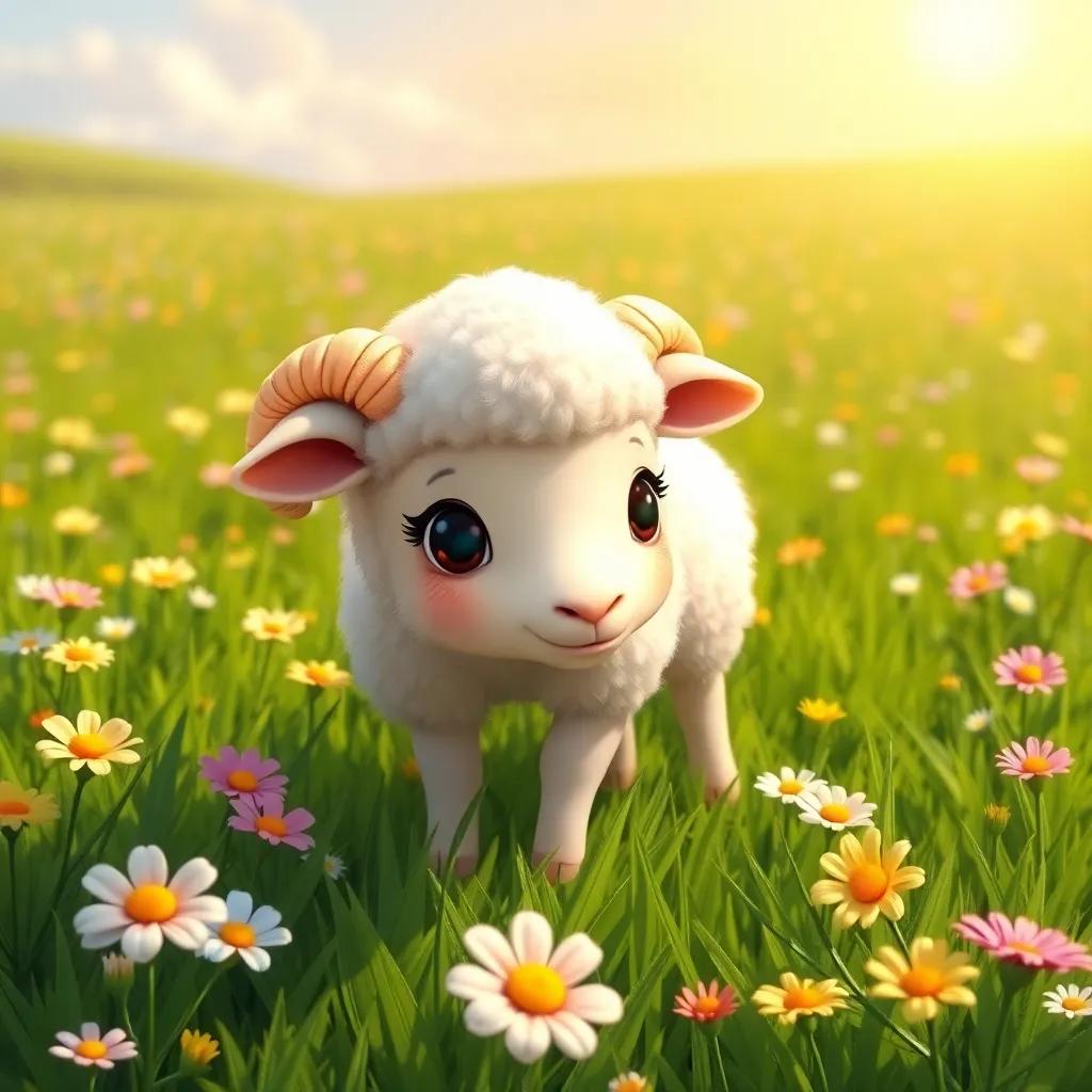 A cute little sheep, Rami, with fluffy white wool, grazing in a beautiful green field filled with flowers, the sun shining brightly, cheerful atmosphere, digital art, vibrant colors, high quality