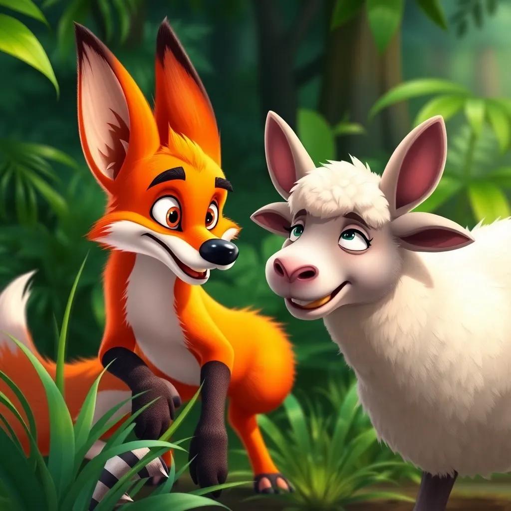 A cunning fox, Fahd, with bright orange fur and sharp eyes, sneaking up to Rami the sheep, a playful smile on his face, surrounded by lush greenery, illustration, colorful and engaging scene, adventure-themed, high quality
