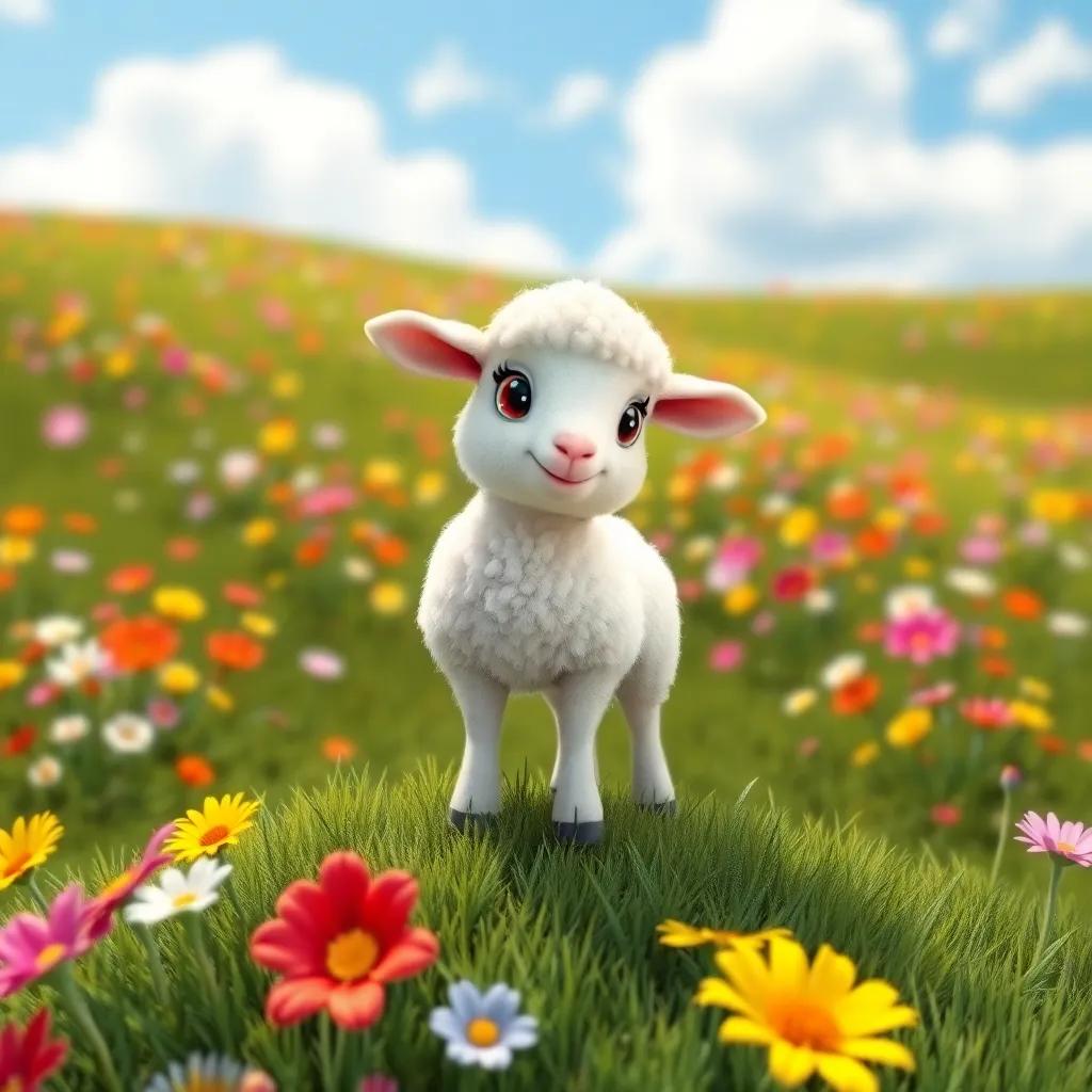 A small white sheep, Rami, with fluffy wool, standing on a grassy hill full of colorful flowers under a bright blue sky, vibrant colors, cheerful atmosphere, high quality
