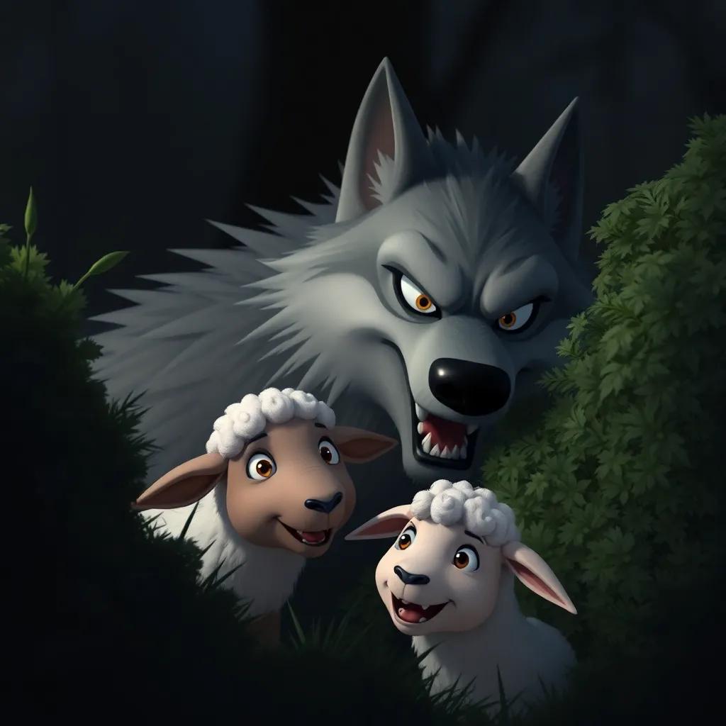 A sly gray wolf, Woo, with sharp teeth and intense eyes, hiding behind a bush, looking at the small sheep Rami with a hungry expression, dark shadows, tense atmosphere, high quality