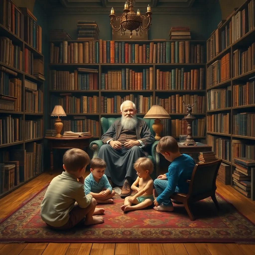 A warm library filled with old and new books, a wise grandfather sitting on a comfortable chair, surrounded by three curious grandchildren on a large rug, cozy atmosphere, inviting colors
