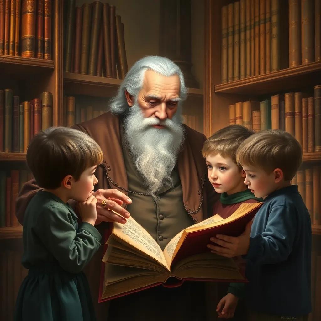 An ancient thick book being opened by a wise grandfather, three kids looking at him in amazement, surrounded by shelves full of books, warm lighting