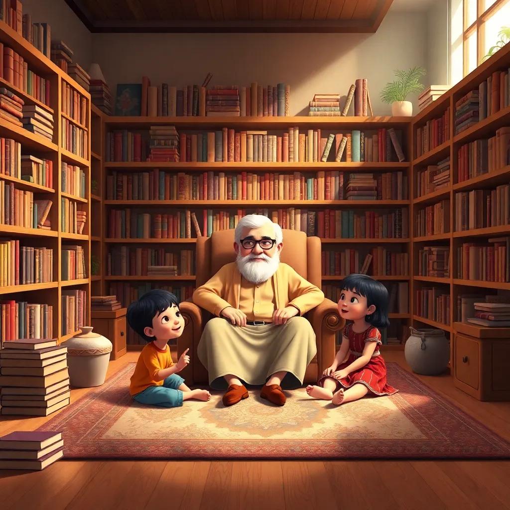 A warm library filled with old and new books, with Grandpa Amin sitting on a comfy chair surrounded by three grandchildren on a large carpet, digital art, cozy atmosphere, soft light, inviting colors, high-quality