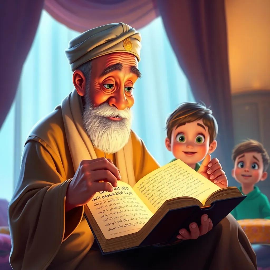 Grandpa Amin opening a thick book, with the title 'Al-Khwarizmi' visible, as children watch eagerly, digital painting, bright lighting, colors of curiosity, engaging quality, captivating scene