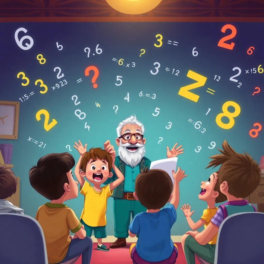 Grandpa Amin explaining algebra to excited children, with visuals of numbers and equations floating around, playful style, colorful illustration, dynamic light, imaginative scene
