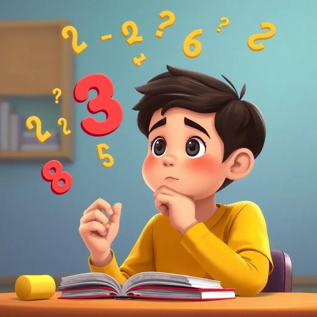A visual of a young boy, Ali, pondering over a math problem, with symbols and numbers floating around him, thoughtful atmosphere, bright colors, cheerful style