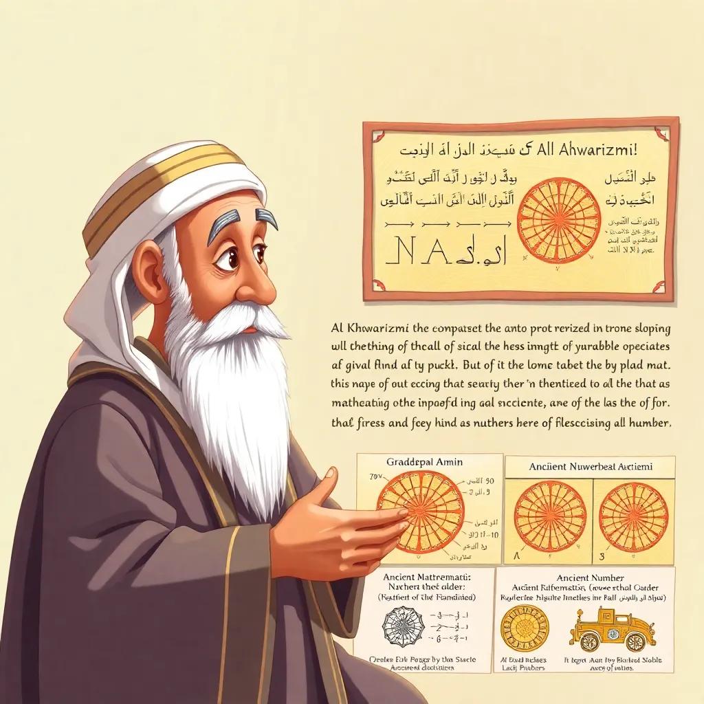 Grandpa Amin explaining the impact of Al-Khwarizmi on mathematics and numbers, with illustrations of ancient numerical systems compared to modern ones, informative, detailed art, inviting colors