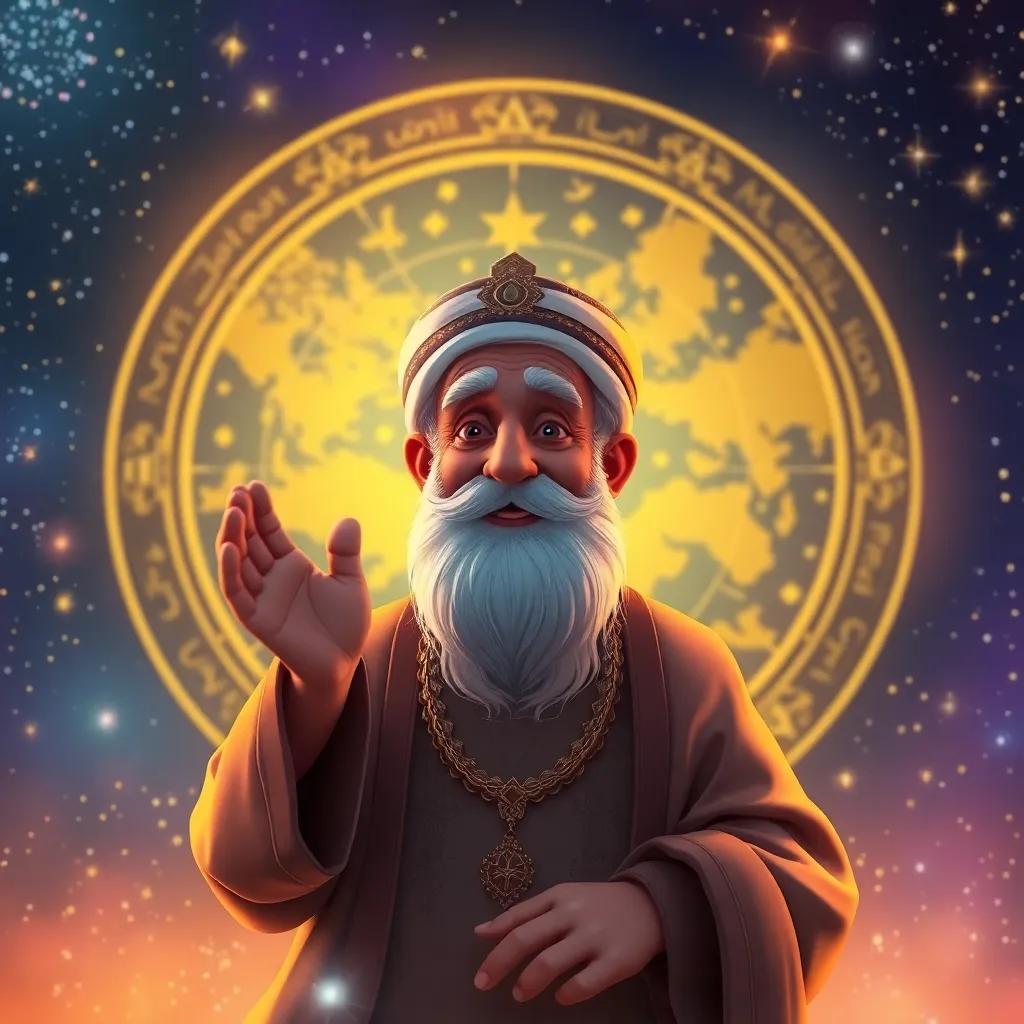 Grandpa Amin sharing the importance of astronomy in Al-Khwarizmi's works, with a celestial map and stars shown in the background, enchanting, starry atmosphere, magical colors, vibrant
