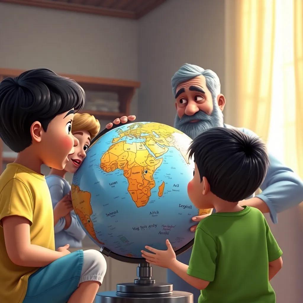 Children looking at a globe with expressions of curiosity, as Grandpa Amin outlines geographical discoveries, digital art, detailed view, bright colors, educational atmosphere
