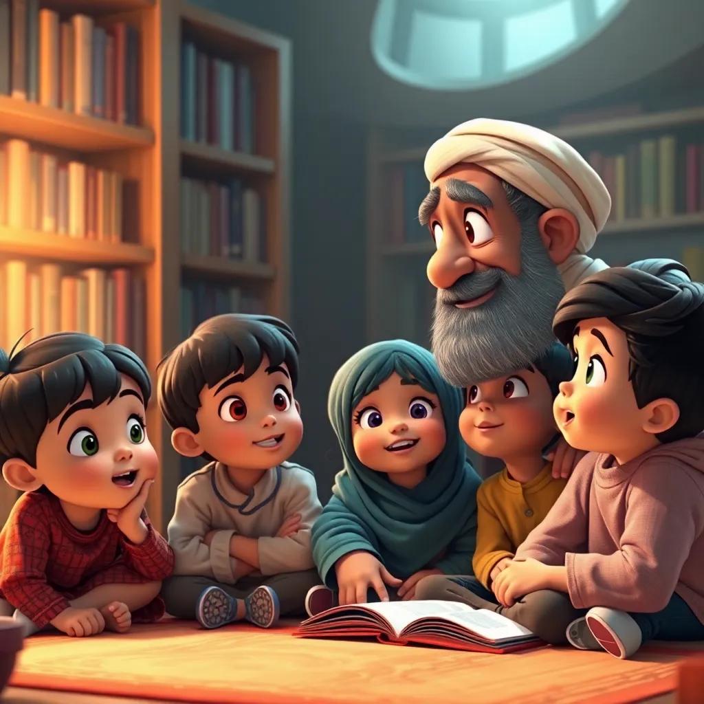 Children listening in awe as Grandpa Amin shares the story, focused expressions, warm library background, engaging light, storytelling mood, joyful depiction