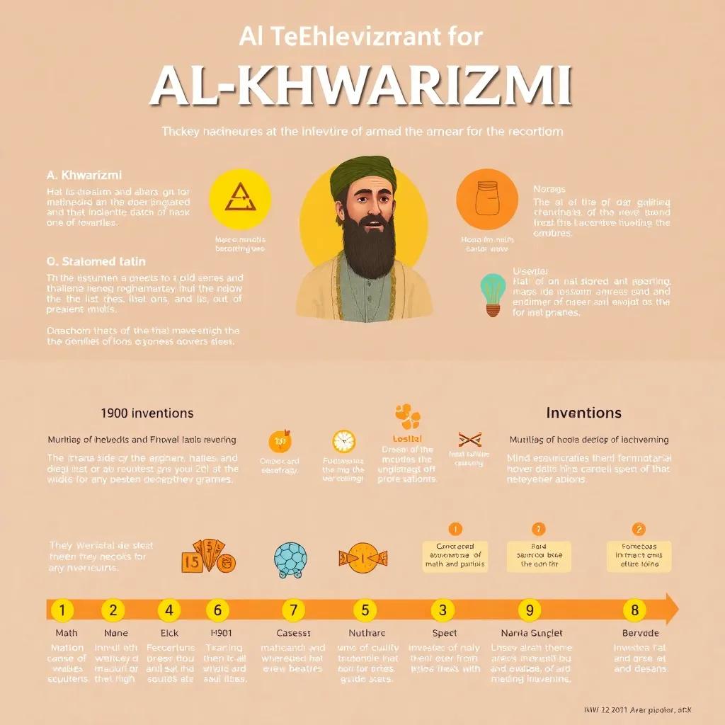 An illustration showing the key achievements of Al-Khwarizmi, with math symbols and a timeline of inventions, informative style, colorful diagrams, scholarly appearance
