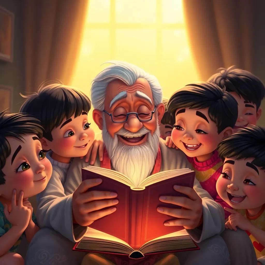A loving scene of Grandpa Amin closing the book with the children surrounding him, showing expressions of joy and wonder, warm light, soft colors, a heartwarming atmosphere